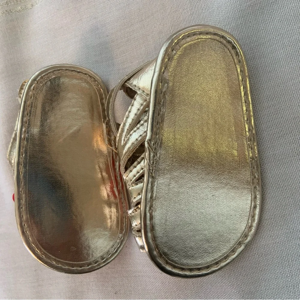 Baby Girl Metallic Gold Cage Sandals with Large Flower Embellishments